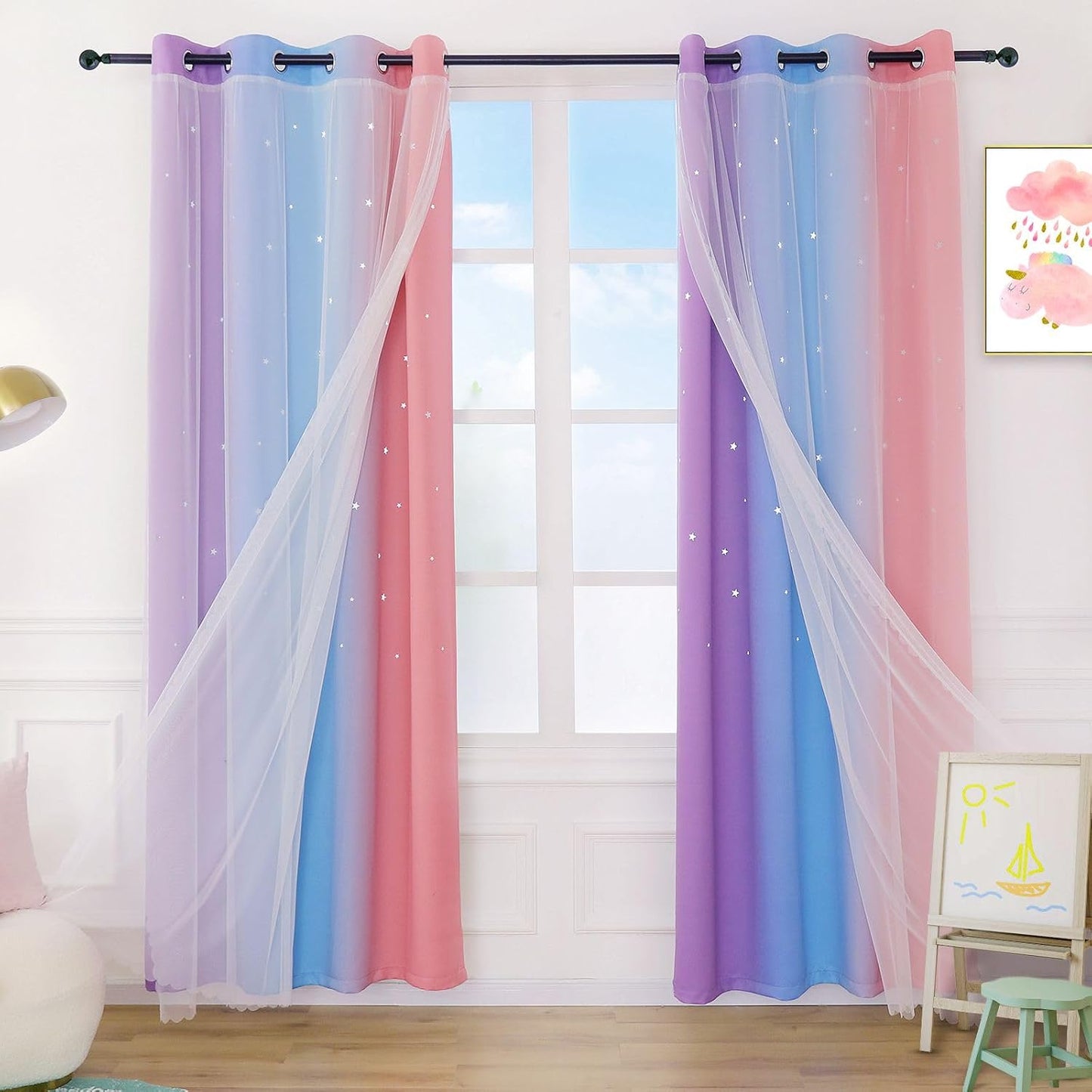 Rainbow Double Layer Blackout Curtains for Girls Bedroom