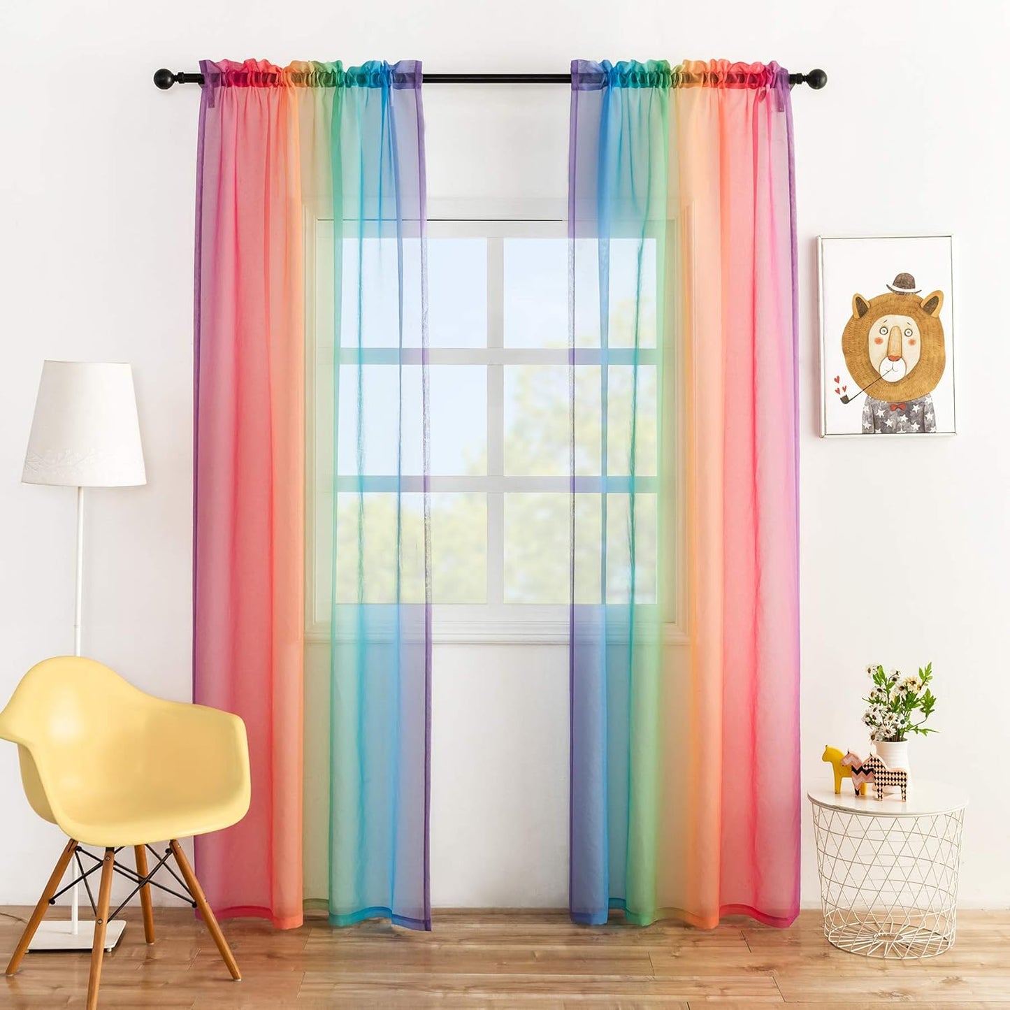 Rainbow Ombre Faux Linen Texture Semi Sheer Gauze Voile Drapes