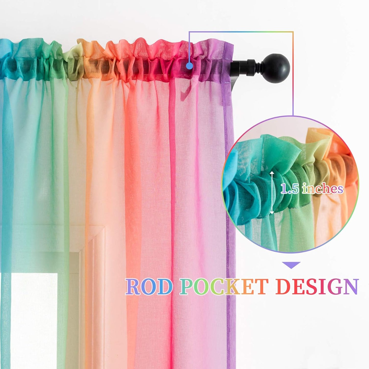 Rainbow Ombre Faux Linen Texture Semi Sheer Gauze Voile Drapes