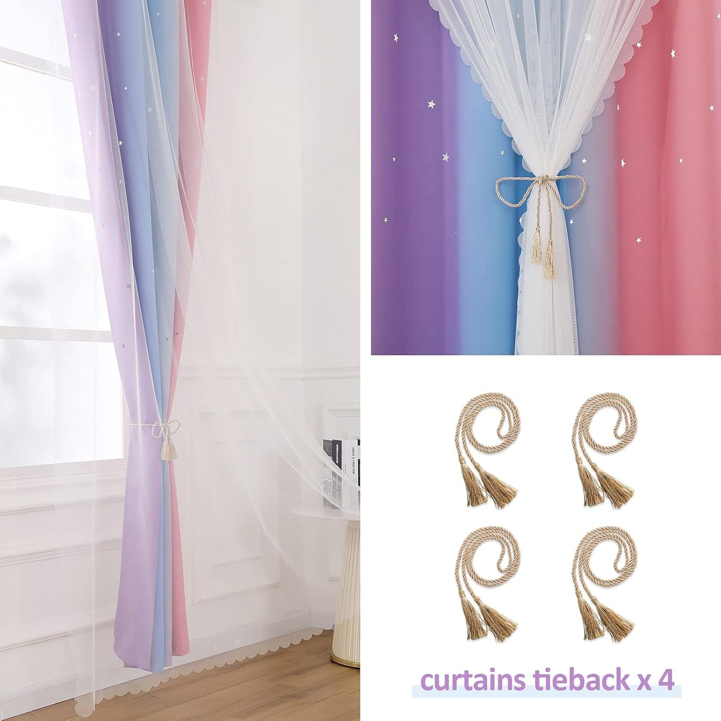 Rainbow Double Layer Blackout Curtains for Girls Bedroom