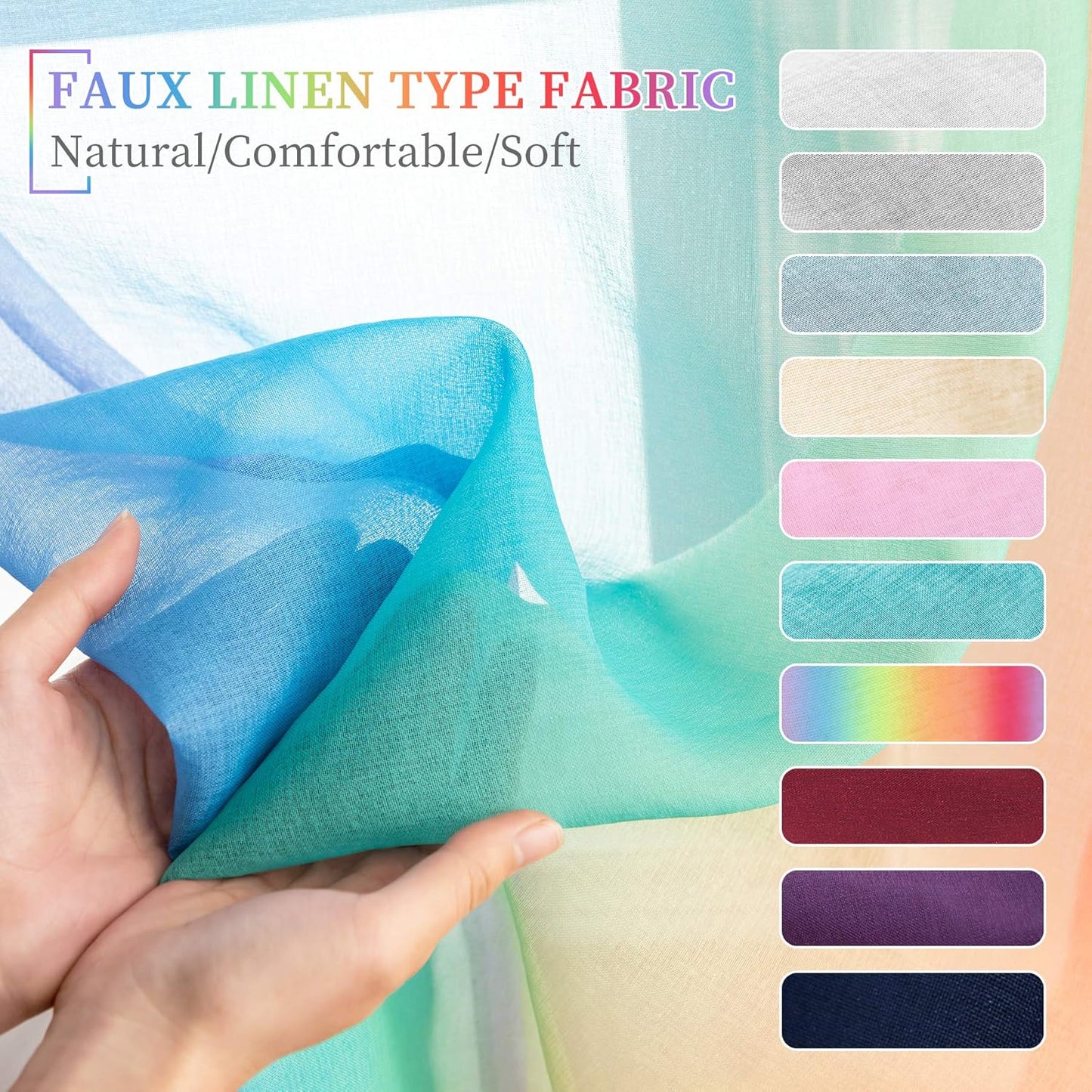 Rainbow Ombre Faux Linen Texture Semi Sheer Gauze Voile Drapes