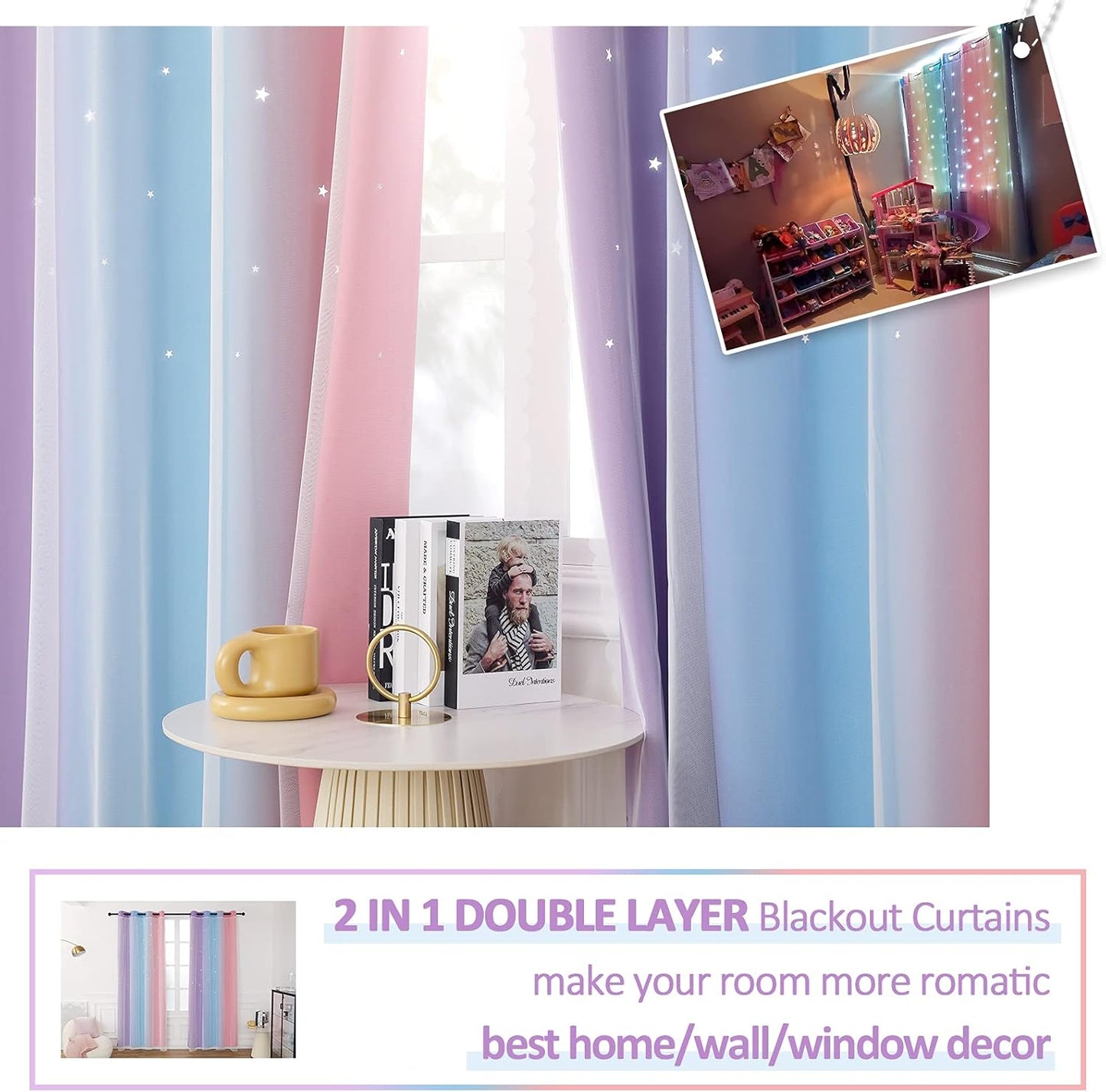 Rainbow Double Layer Blackout Curtains for Girls Bedroom