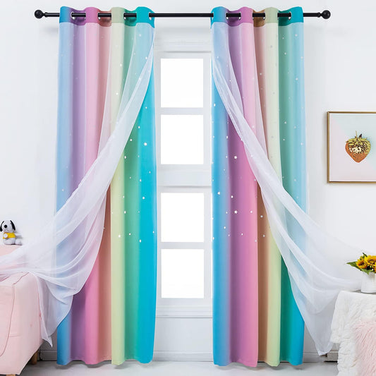 Rainbow Double Layer Blackout Curtains for Girls Bedroom