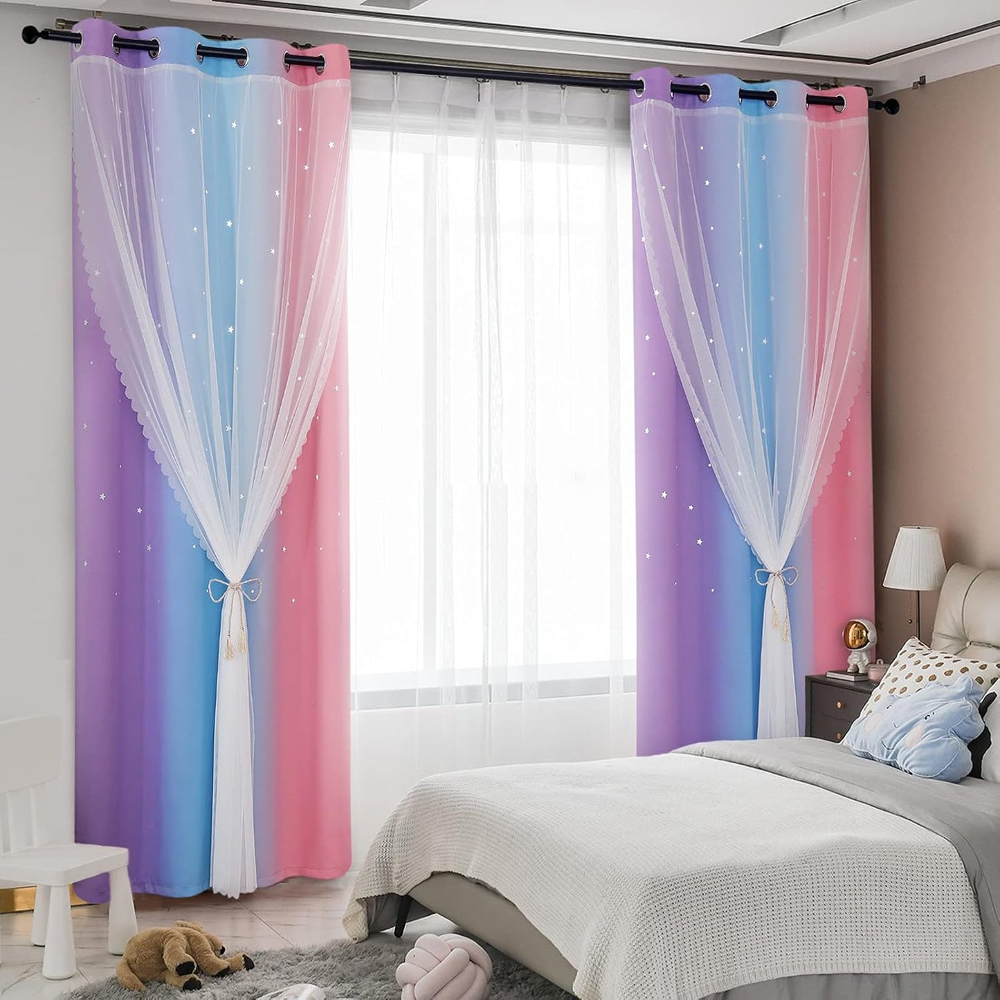 Rainbow Double Layer Blackout Curtains for Girls Bedroom