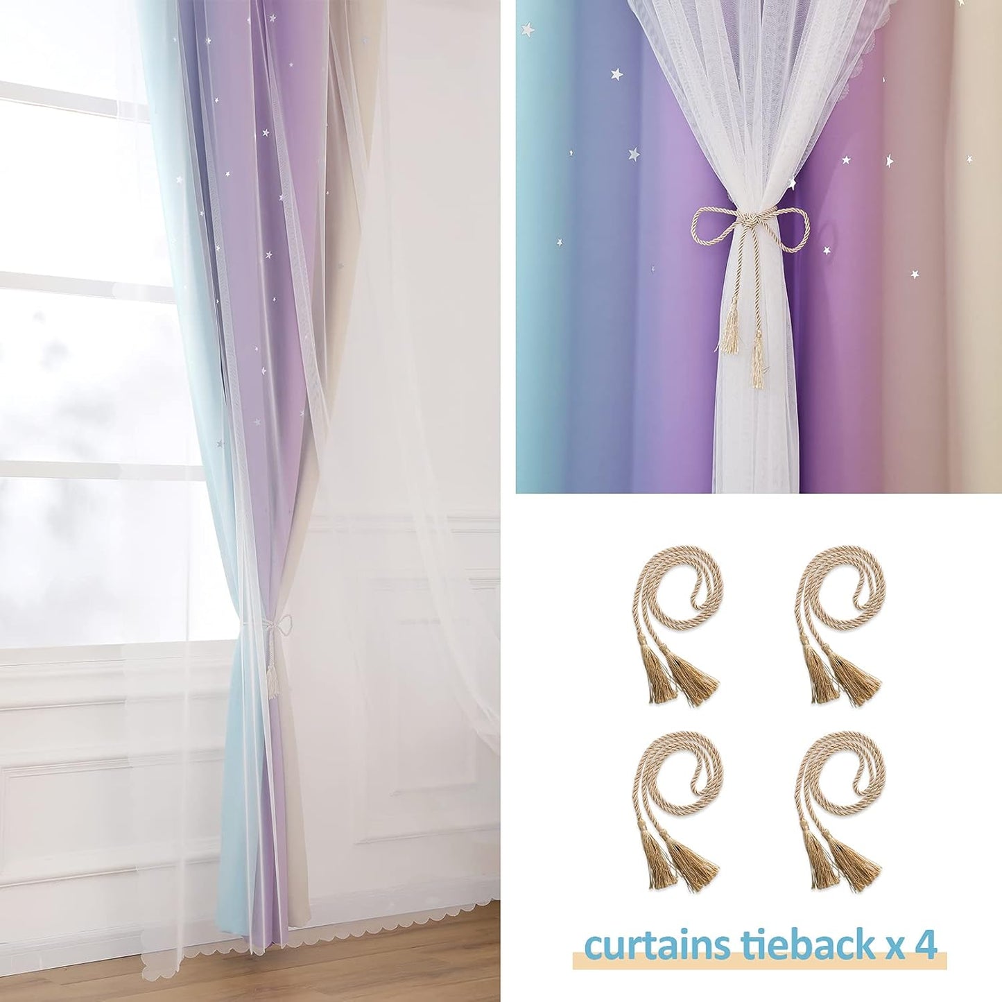 Rainbow Double Layer Blackout Curtains for Girls Bedroom