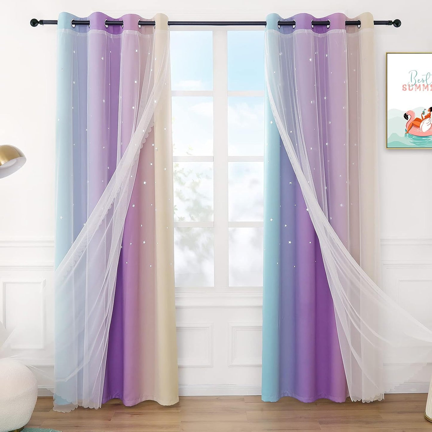 Rainbow Double Layer Blackout Curtains for Girls Bedroom