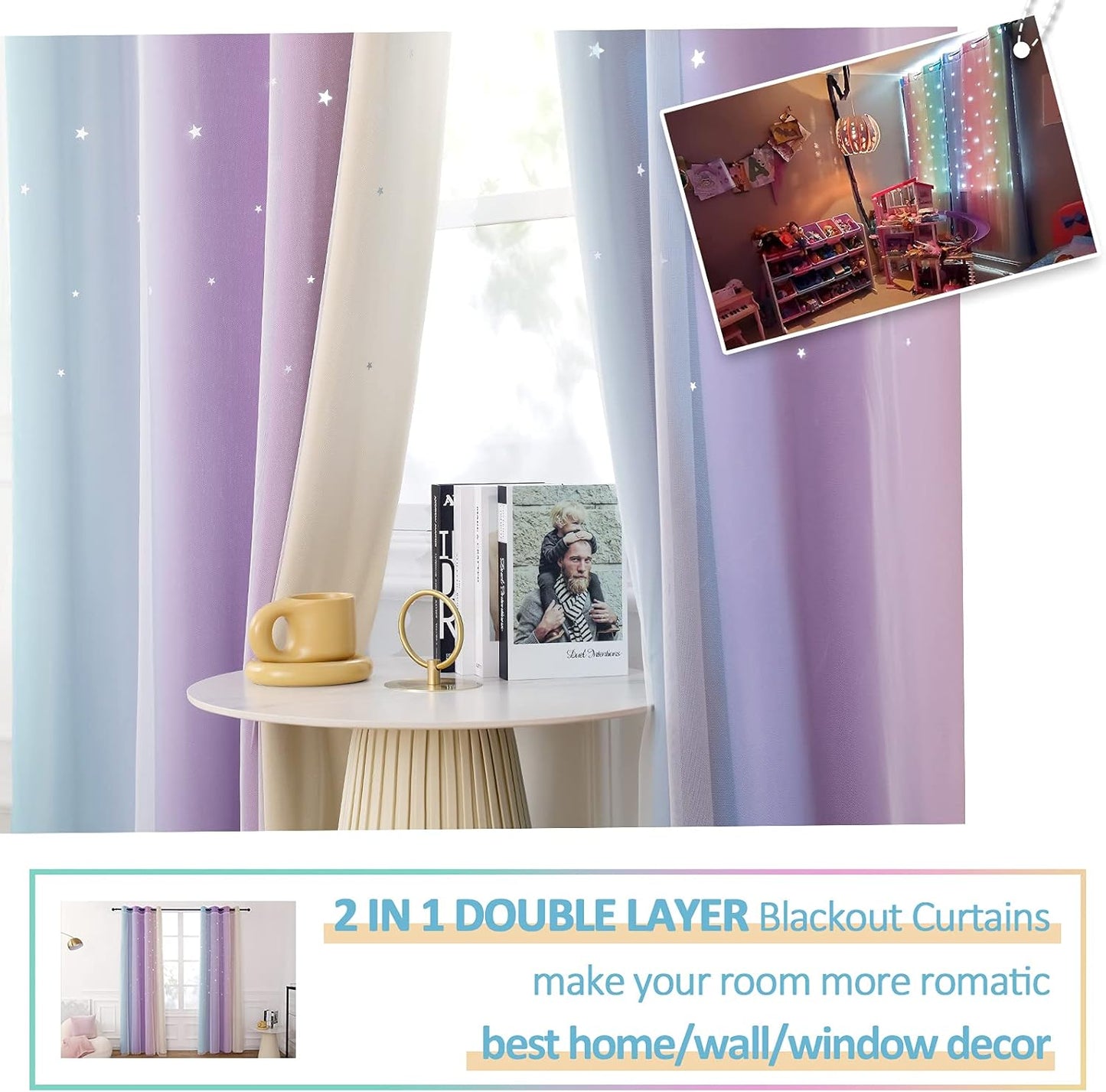 Rainbow Double Layer Blackout Curtains for Girls Bedroom