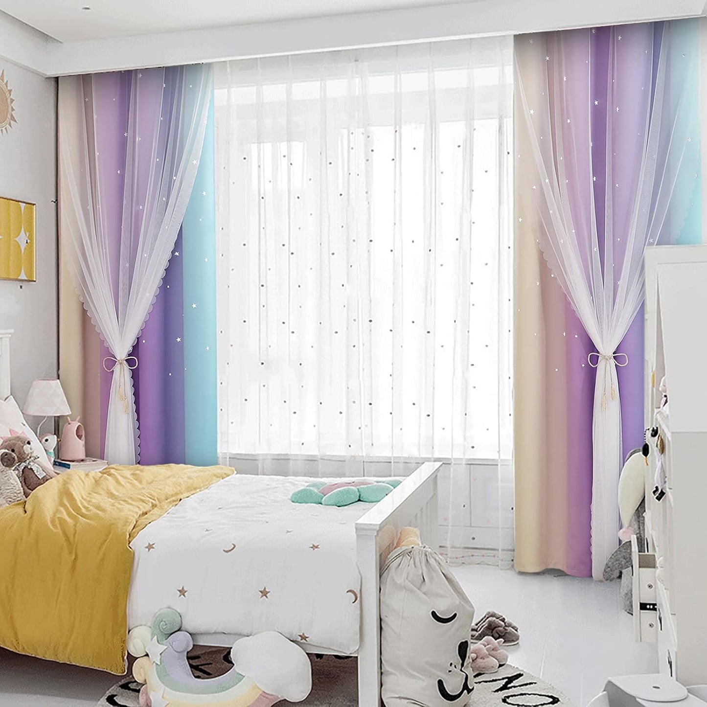 Rainbow Double Layer Blackout Curtains for Girls Bedroom